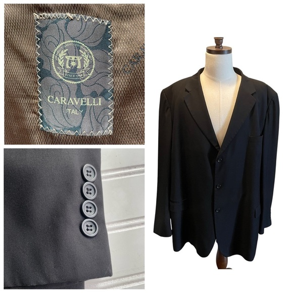CARAVELLI Italy Suit Blazer Jacket Black size 56L Wool Hand Tailored Menswear - Picture 1 of 13